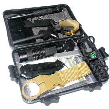 Aventure plein air Camping Randonnée Multifonctionnel Boîte de Premiers Secours Boussole Bouilloire Boucle Parapluie Corde Br